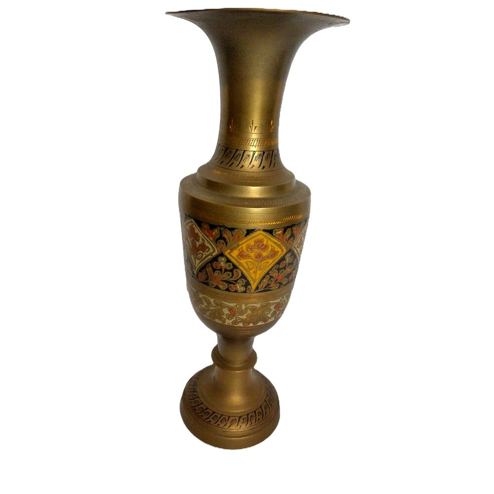 Vintage Hand-Etched Brass Vase with Ornate Floral Enamel Inlay Made in India